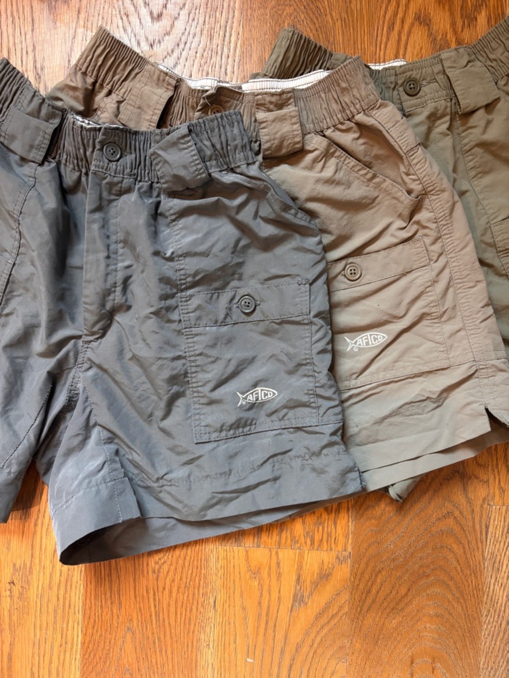 AFICO Lightweight Cargo Shorts in Gray, hunter green, and dark tan